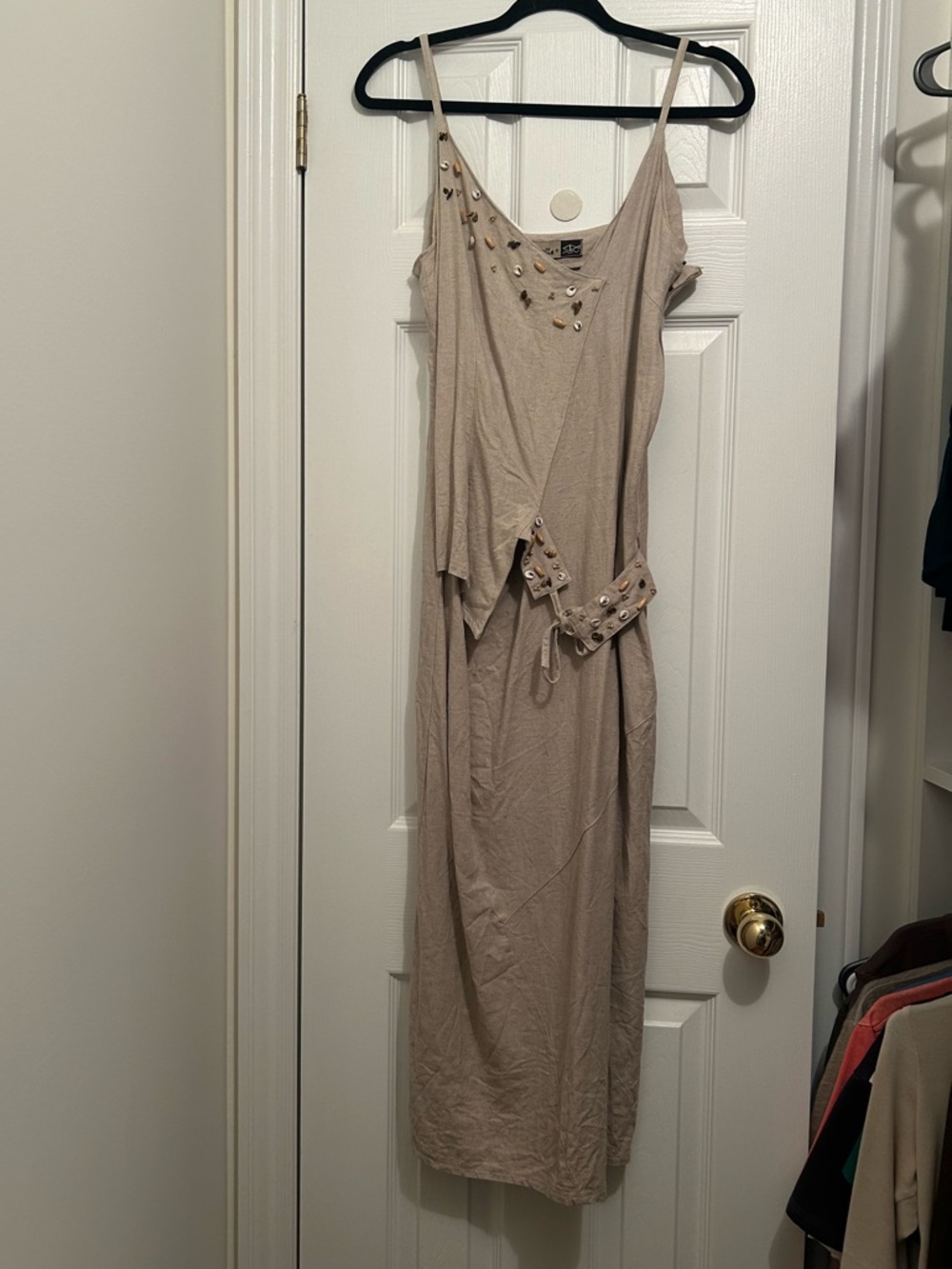 Vintage Boho Linen-Blend Shell Embellished Wrap Dress